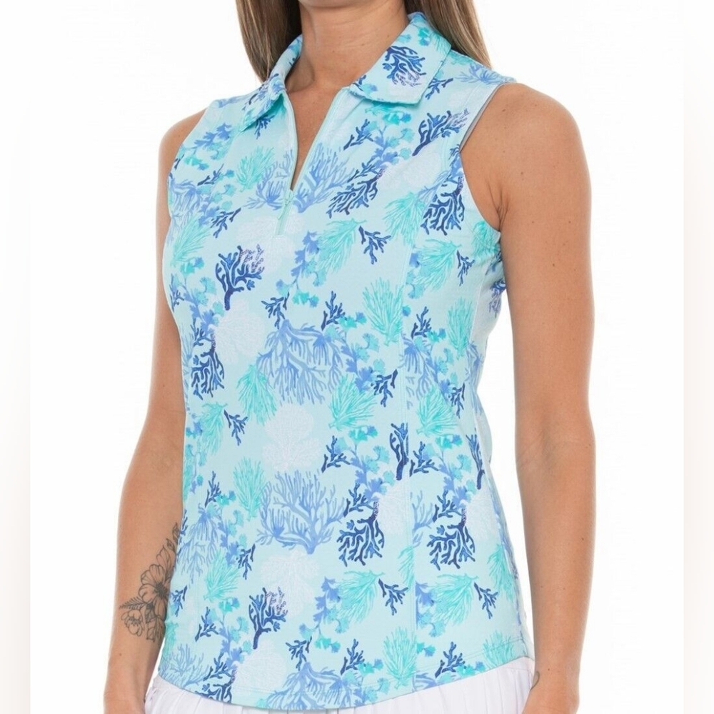 G LIFESTYLE GOLF BY GOTTEX Printed Polo Shirt - UPF 50+, Zip Neck, Sleeveless